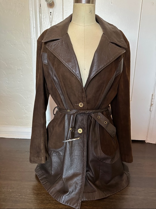 Vintage Jackets & Blazers - Vintage Brown Leather & Suede Belted lined Women’s Jacket size Large
